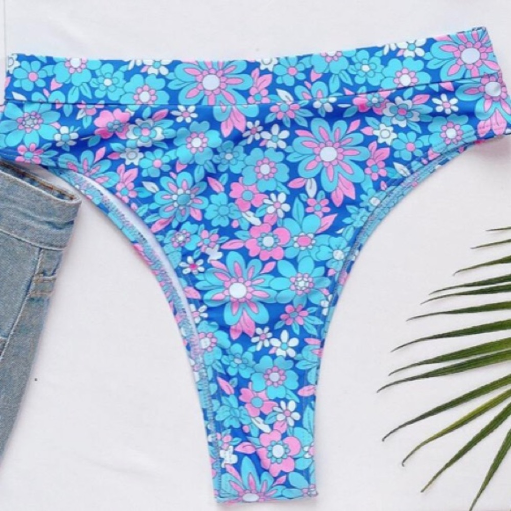 Blue Pink Boho Floral High Waist Lined Cheeky Bikini New - Picture 5 of 16